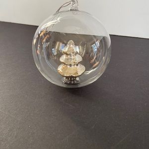 Mod Blown Glass Clear Ball w/Mercury Glass Xmas Tree in Center Ornament